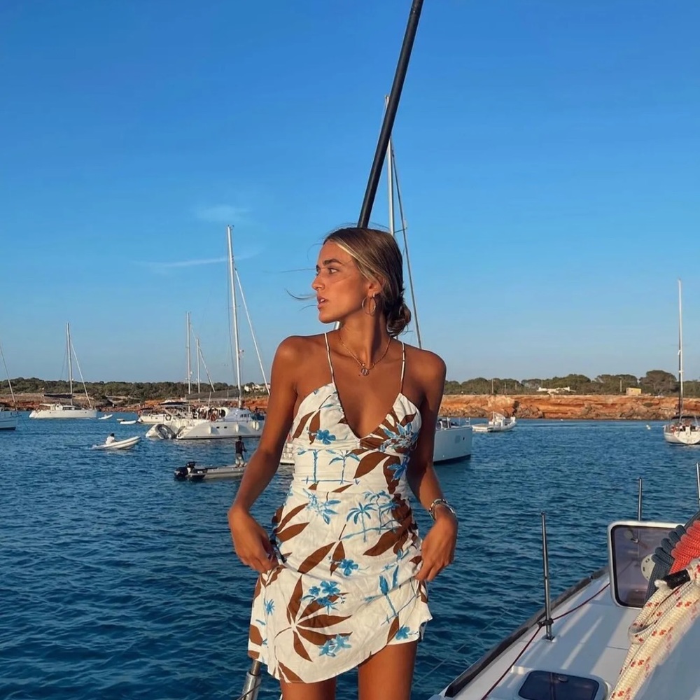 Zara Tropical Print Mini Dress - Blue and Brown